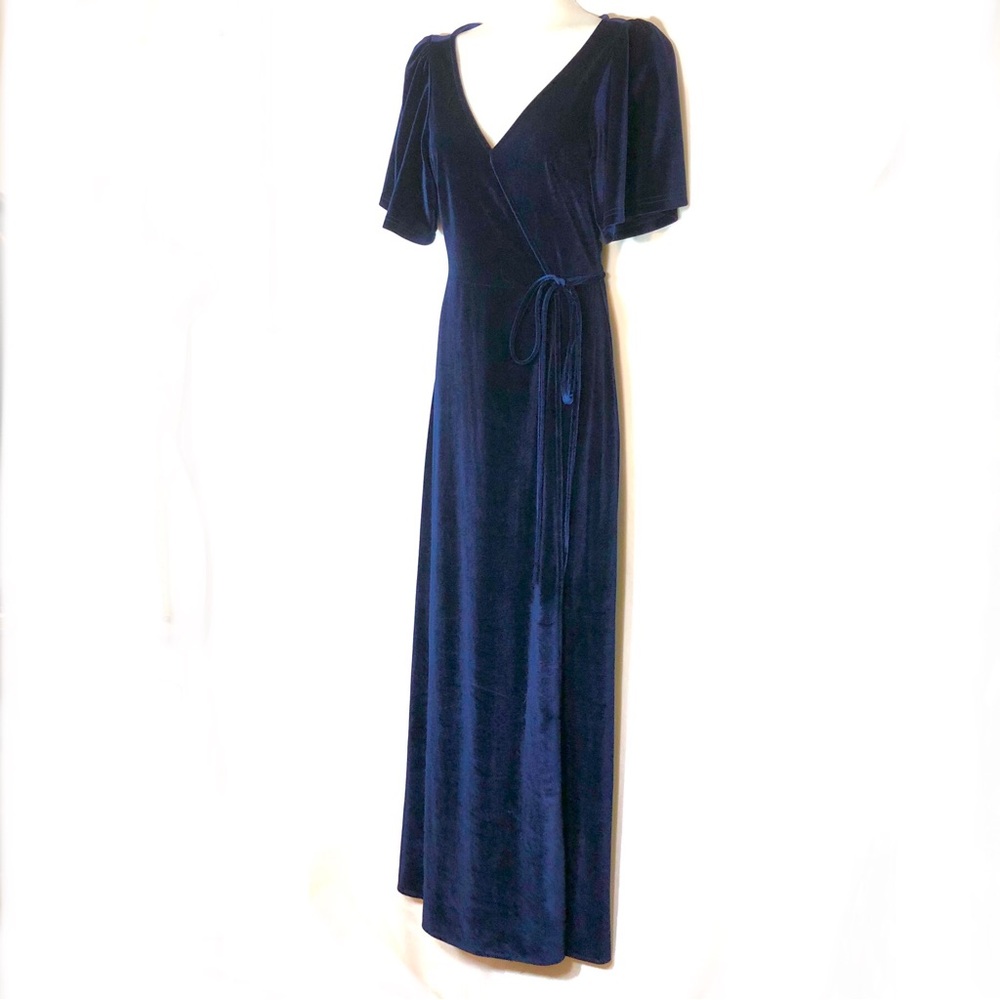 BALTIC BORN Blue Velvet Wrap Dress Short Sleeves